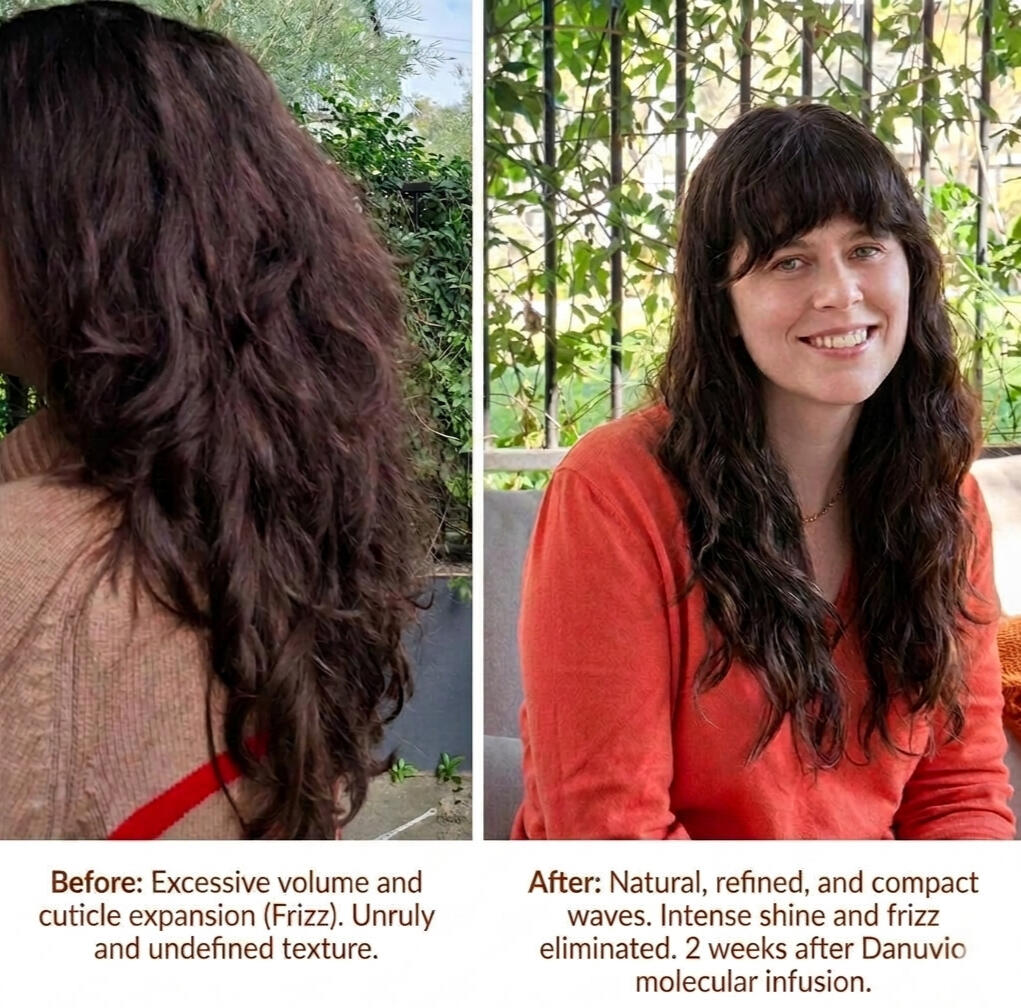 Before and after results of Danuvio advanced nourishing anti-frizz treatment on wavy hair