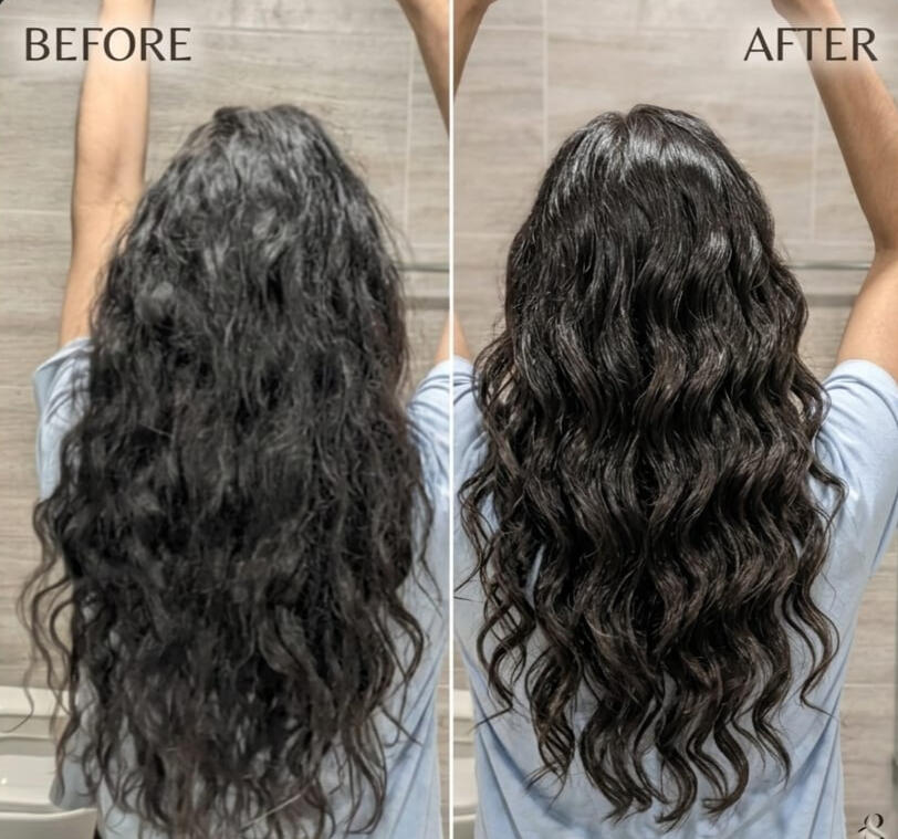 Before and after results of Danuvio advanced nourishing anti-frizz treatment on wavy hair
